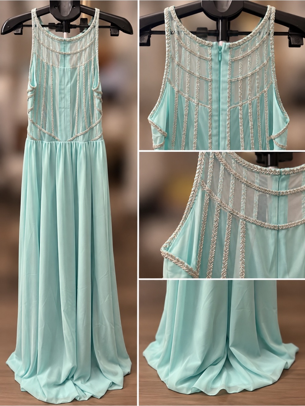 GB Light Blue Beaded Mesh Formal Maxi Gown Size Medium
